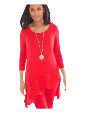 Chico's  Asymmetrical Hem T-Shirt Dress Jersey Knee Red Stretch Women's Size 1